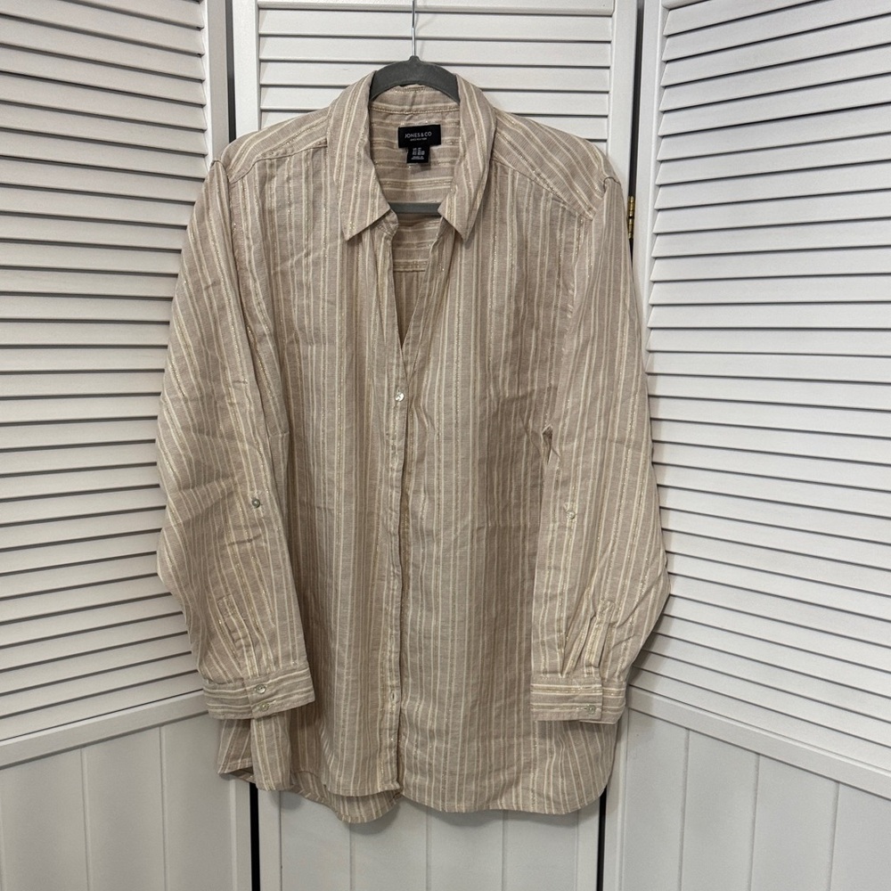 Jones & CO  Women's Beige Striped Button Down Shirt